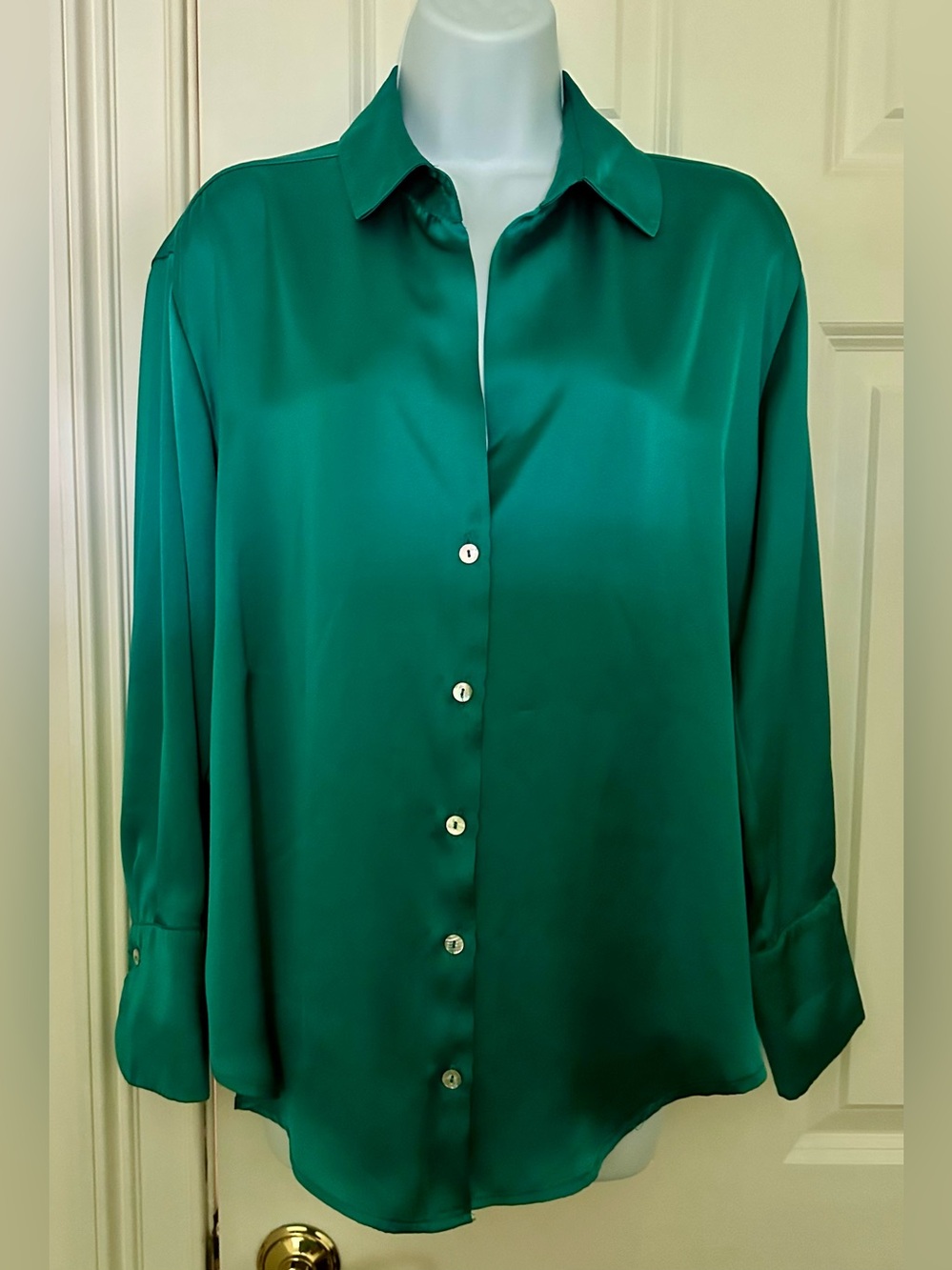 Zara Emerald Green Satin Button-Down Shirt